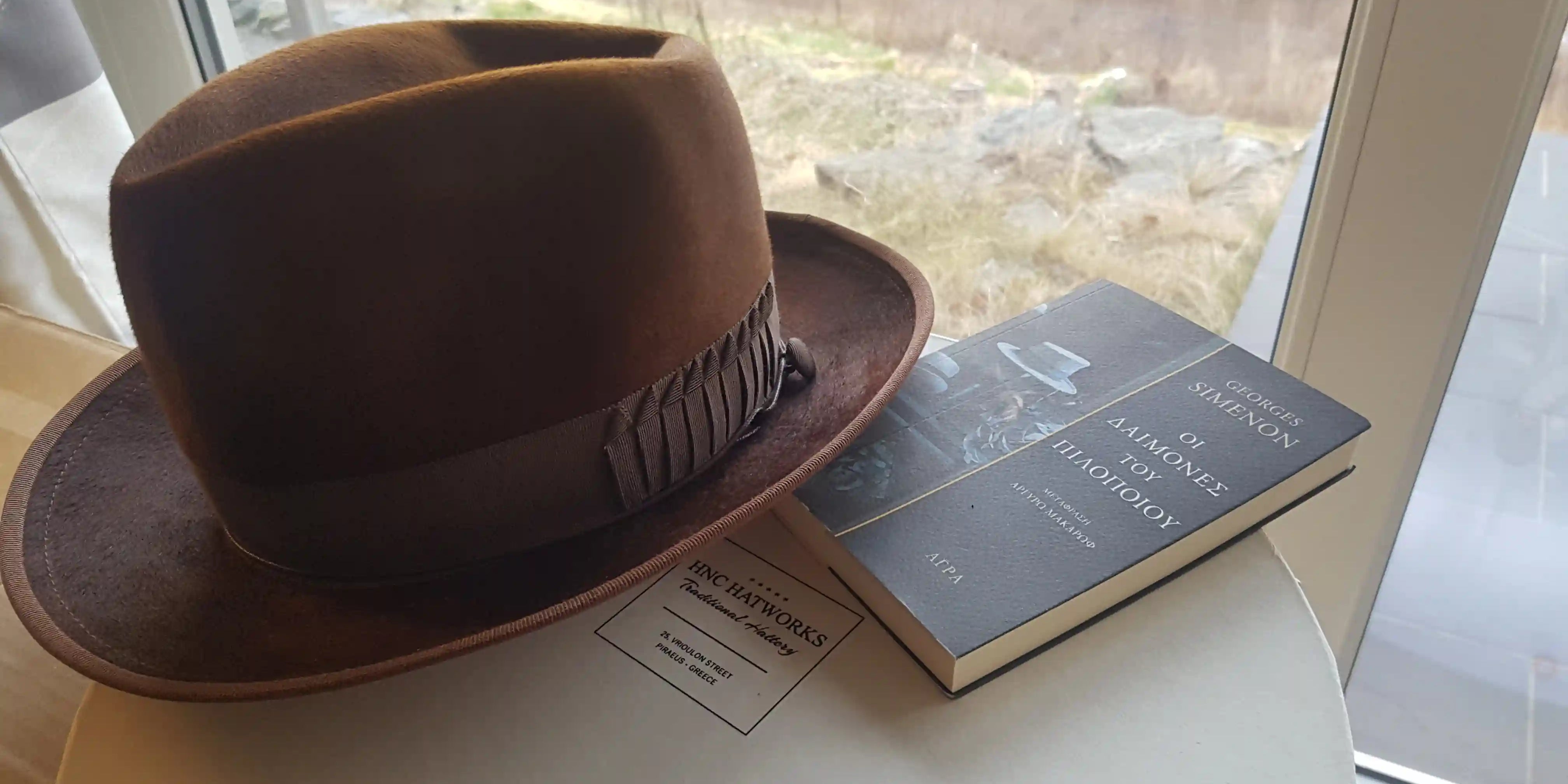 Customer-submitted photo of a finished custom Agnoulita Hats fedora, the same hat he was shown designing earlier.