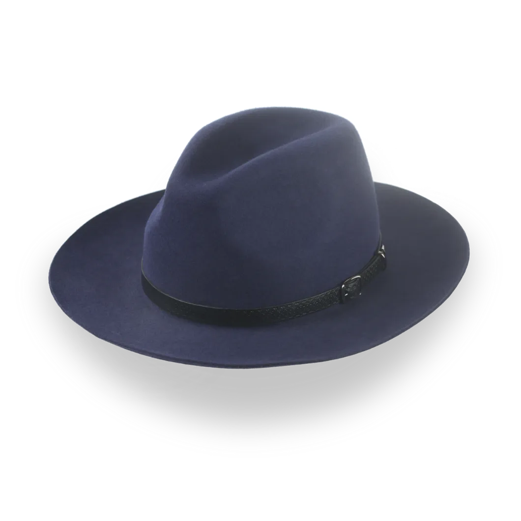 Dark Blue Outback Fur Felt Fedora with Leather Hat Belt | The Rebel - Agnoulita Hats 1 