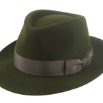 The Hunter fedora positioned at a unique angle to highlight the harmonious color combination of loden and taupe