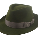 The Hunter fedora positioned at a unique angle to highlight the harmonious color combination of loden and taupe