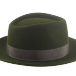 The Hunter fedora displayed on a white background, emphasizing the striking taupe grosgrain ribbon hatband