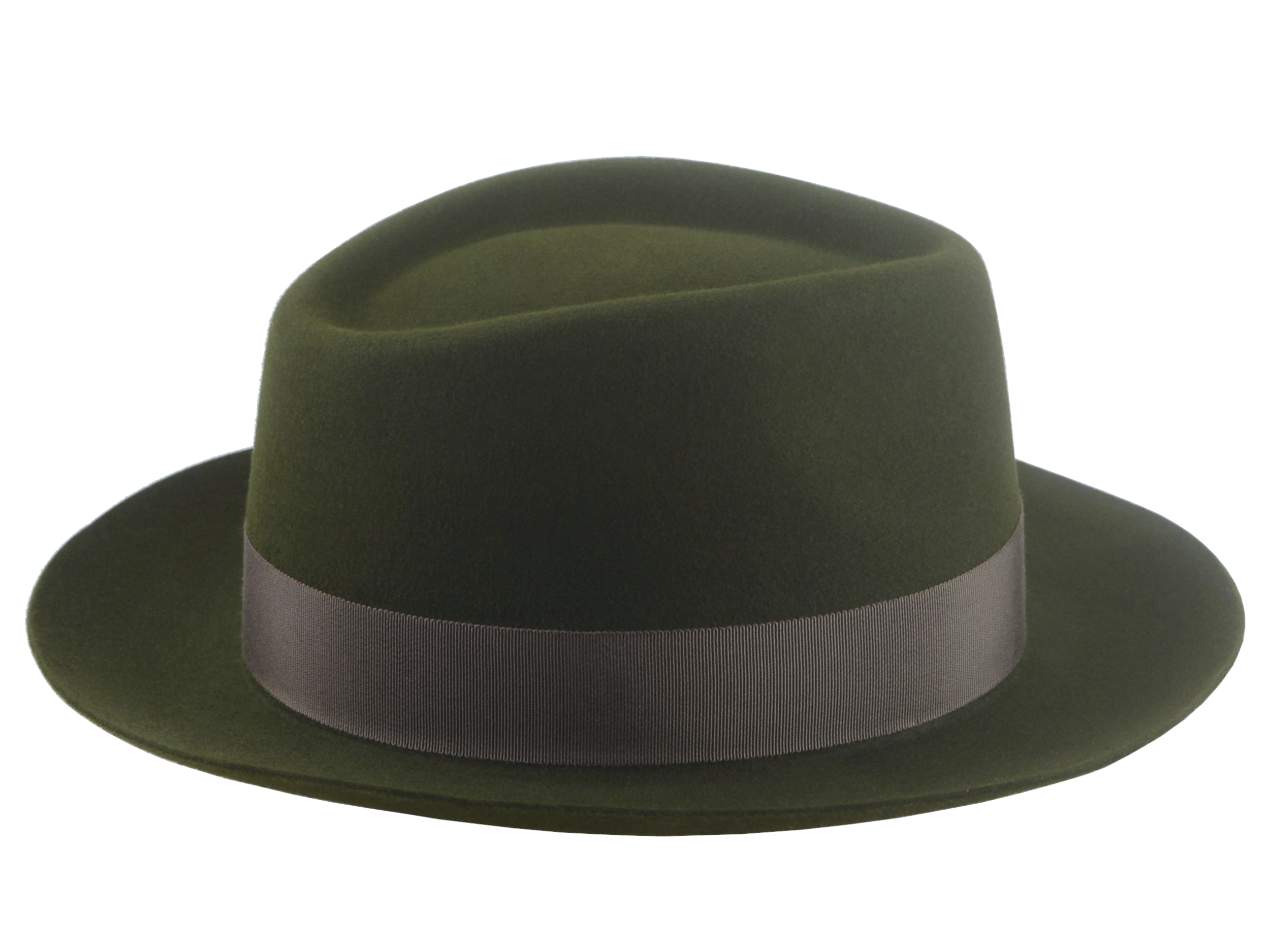 The Hunter fedora displayed on a white background, emphasizing the striking taupe grosgrain ribbon hatband