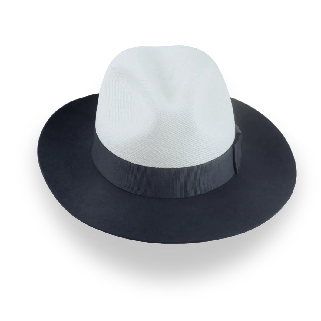 Dark Grey and Off-White Two-Tone Panama Fedora Hat with Felt Brim | The Monarch - Agnoulita Hats 6 