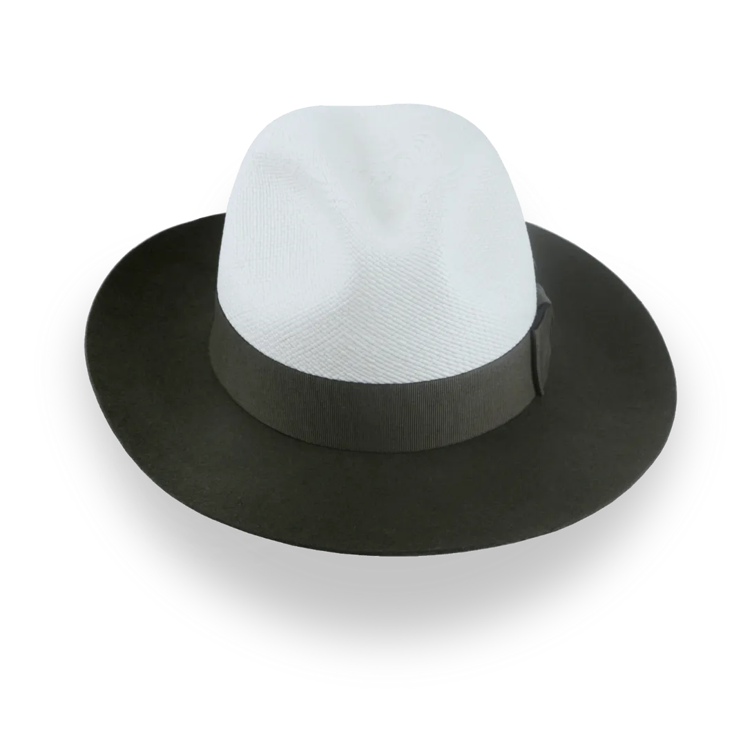 Green and Off-White Two-Tone Panama Fedora Hat with Felt Brim | The Monarch - Agnoulita Hats 6 