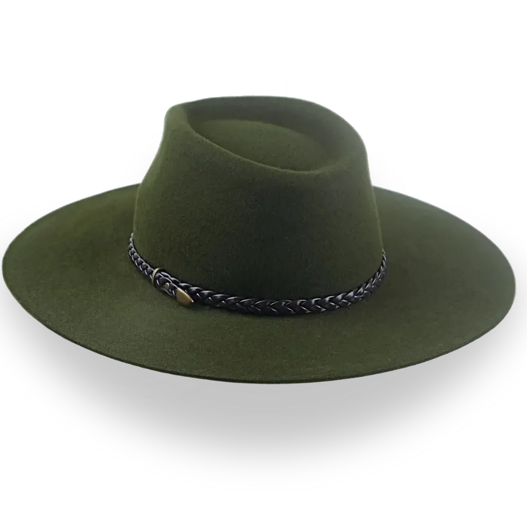 Low Crown Wide Brim Outback Fedora in Dark Olive Green | The Bush - Agnoulita Hats 3 