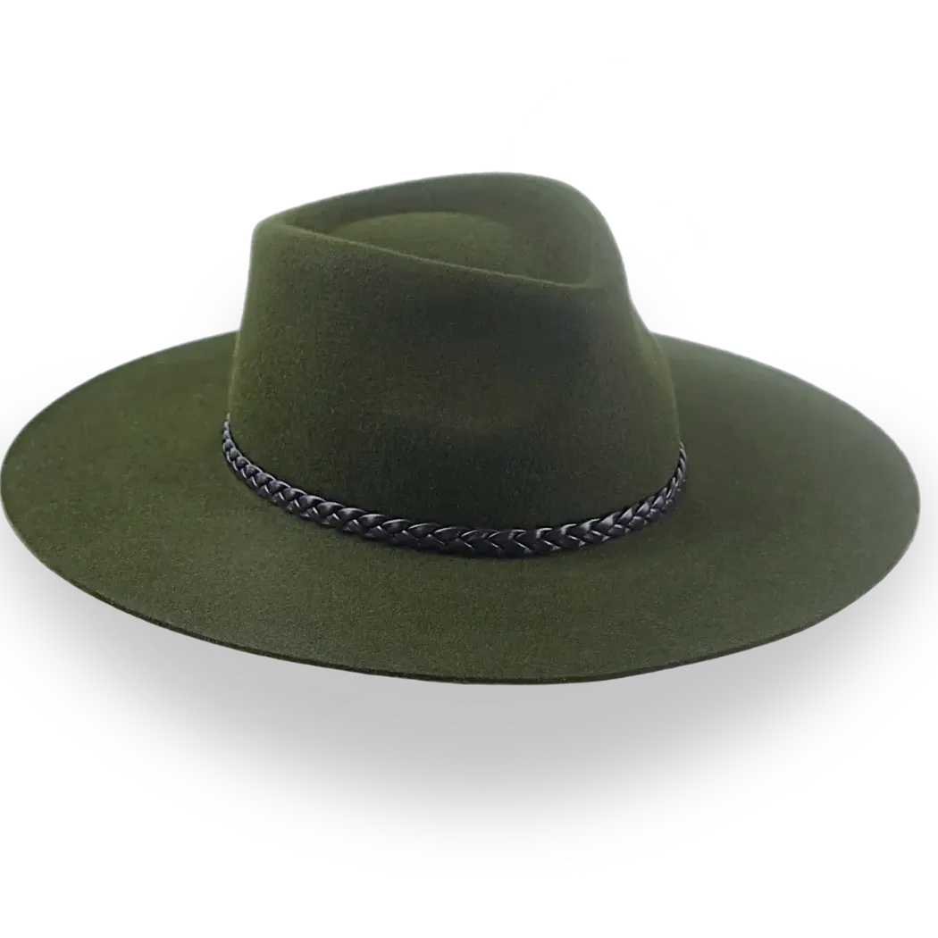 Low Crown Wide Brim Outback Fedora in Dark Olive Green | The Bush - Agnoulita Hats 6 