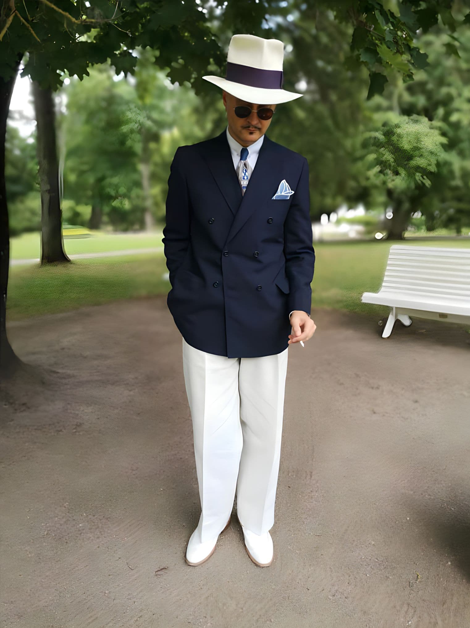 Park photo of a dapper gentleman dressed in a navy blue blazer white pants and pocket square distinguished by his white Agnoulita fedora hat