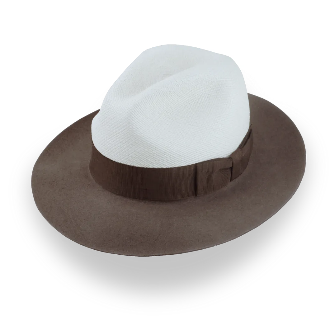 Taupe Brown and Off-White Two-Tone Panama Fedora Hat with Felt Brim | The Monarch - Agnoulita Hats 1 