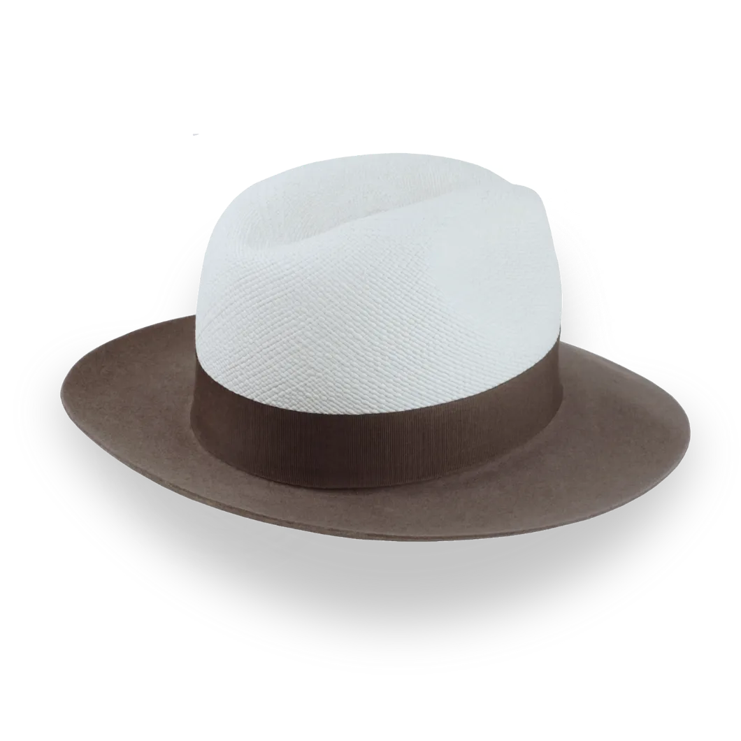 Taupe Brown and Off-White Two-Tone Panama Fedora Hat with Felt Brim | The Monarch - Agnoulita Hats 4 