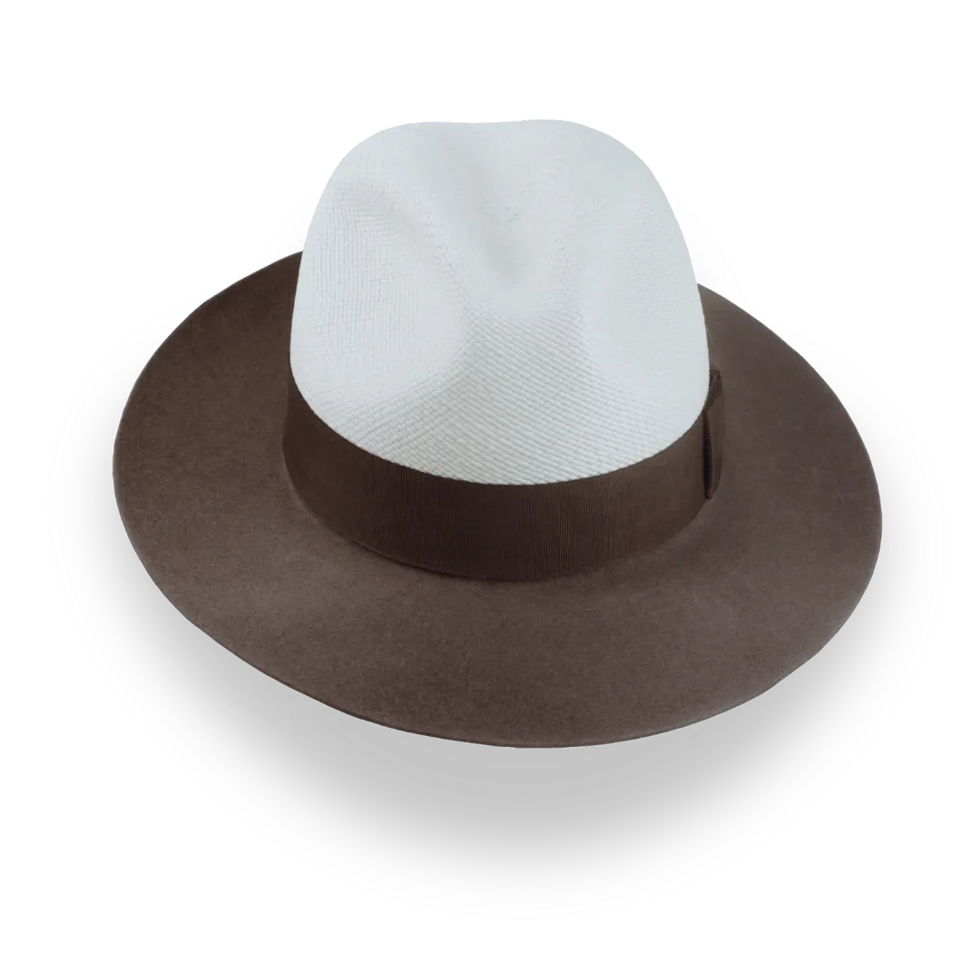 Taupe Brown and Off-White Two-Tone Panama Fedora Hat with Felt Brim | The Monarch - Agnoulita Hats 6 