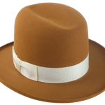 Side angle of the Derringer homburg fedora highlighting the unique Single-crease Crown design