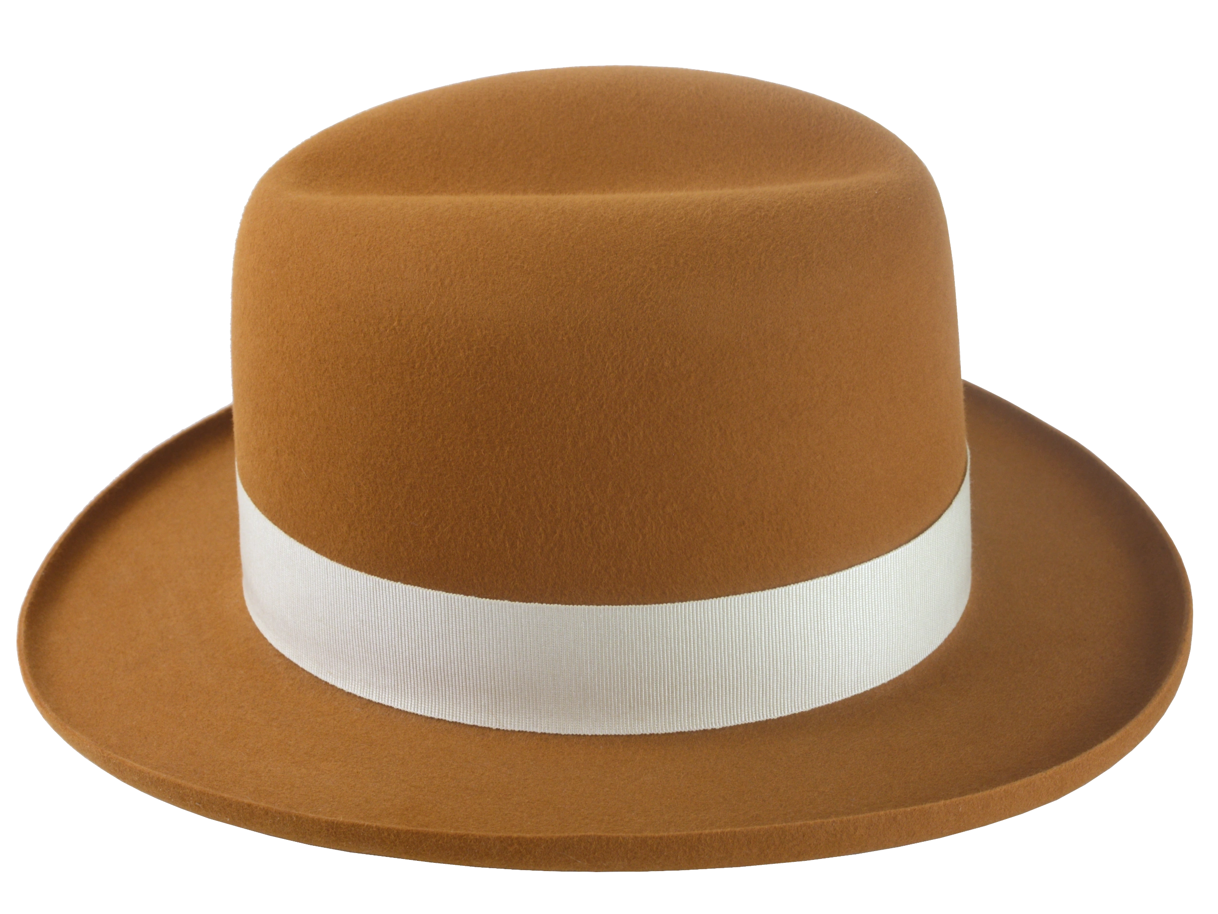 Angle view of the Derringer homburg fedora showcasing the unique single-crease crown and raw-edge rolled brim