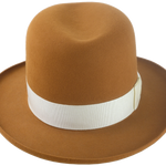 Full view of the Derringer homburg fedora, complete with its ivory grosgrain ribbon hatband, accentuating its elegant and timeless design