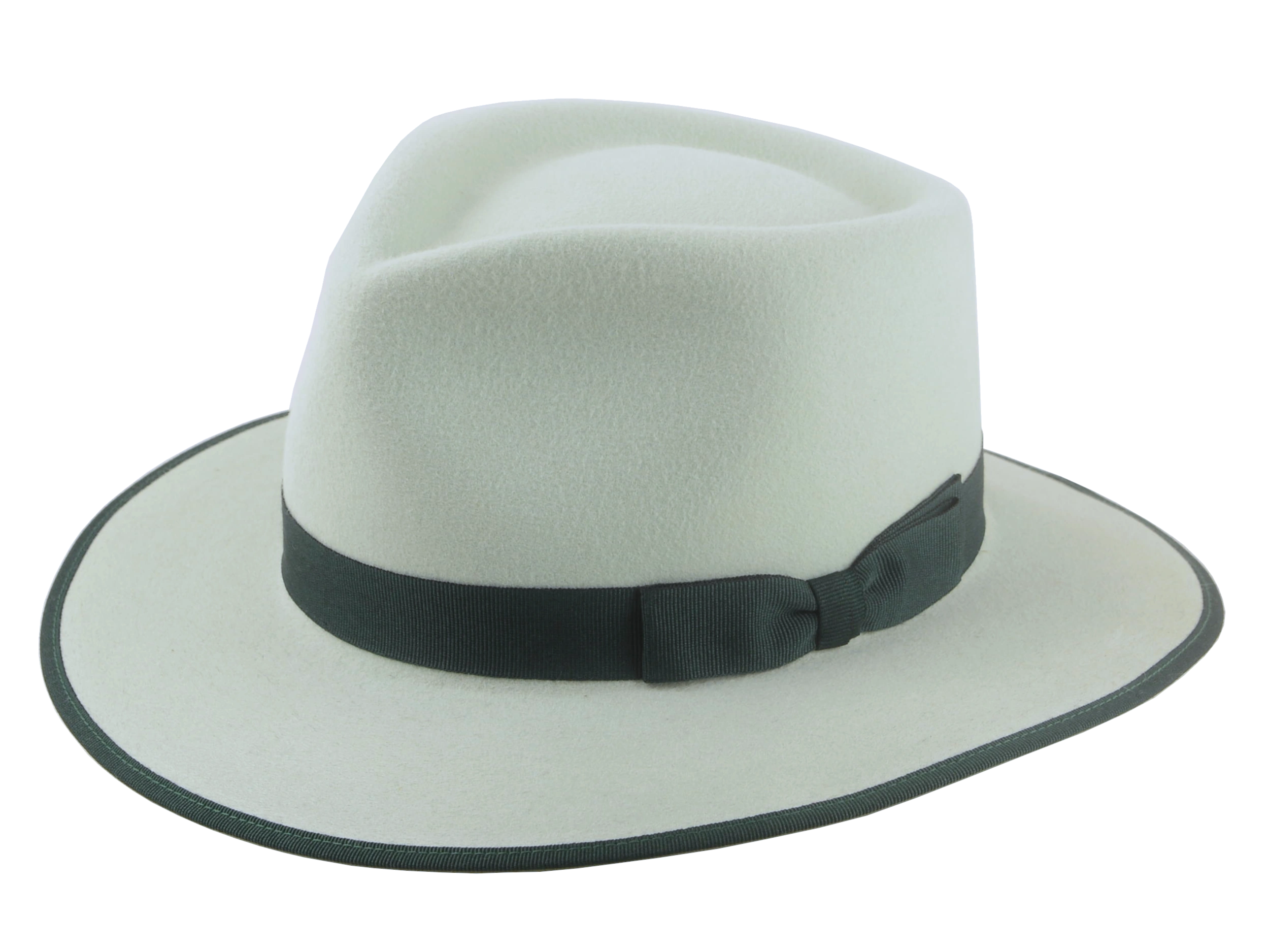 Pistachio green fedora hat with a distinct teardrop crown design