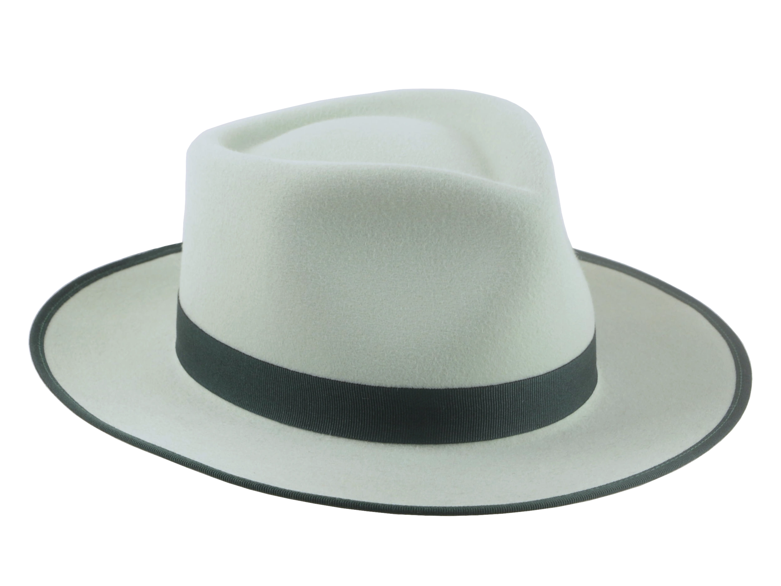 "Detail shot of the wide brim and ribbon-bound edge of the fedora