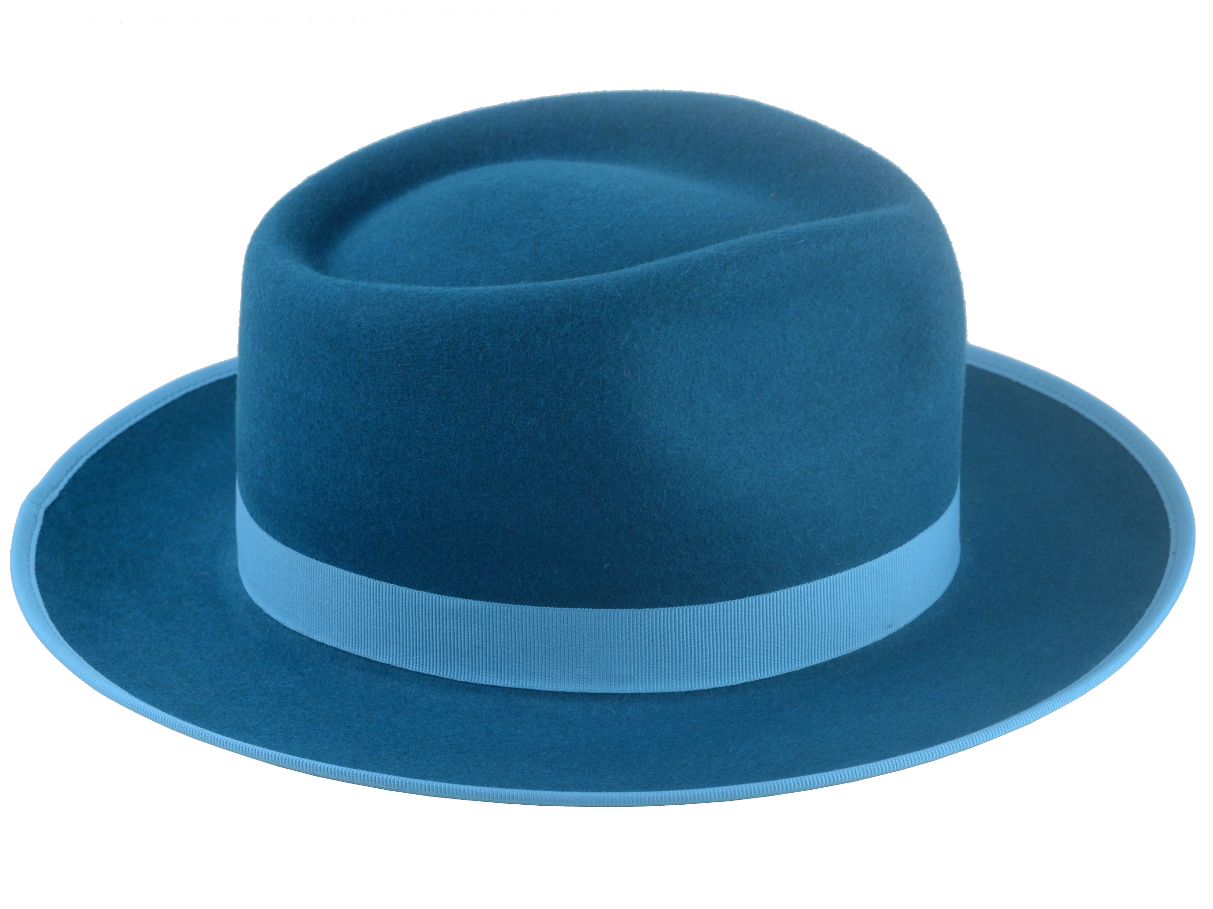 Image showcasing the smooth surface finish of the Equinox dark teal fedora hat