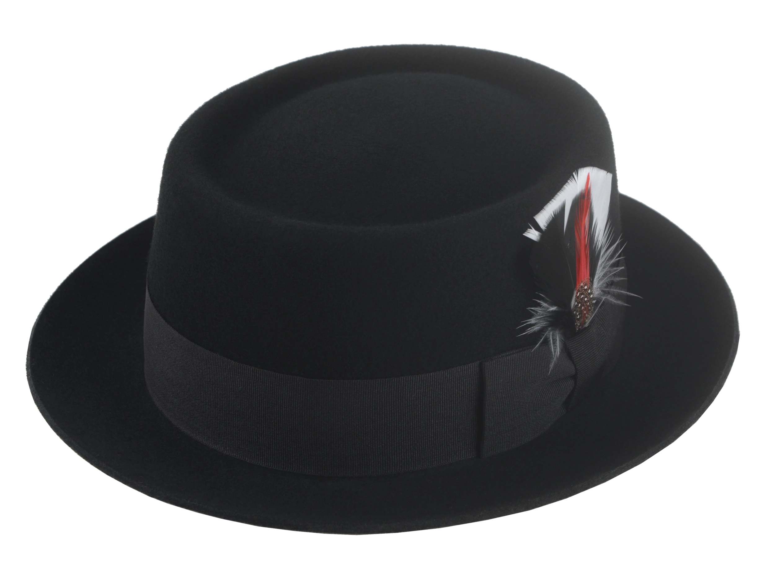 The Jazzist - Premium Wool Felt Porkpie Fedora For Men or Women with Feather in Black White and Red Color | Agnoulita Quality Custom Hats 1