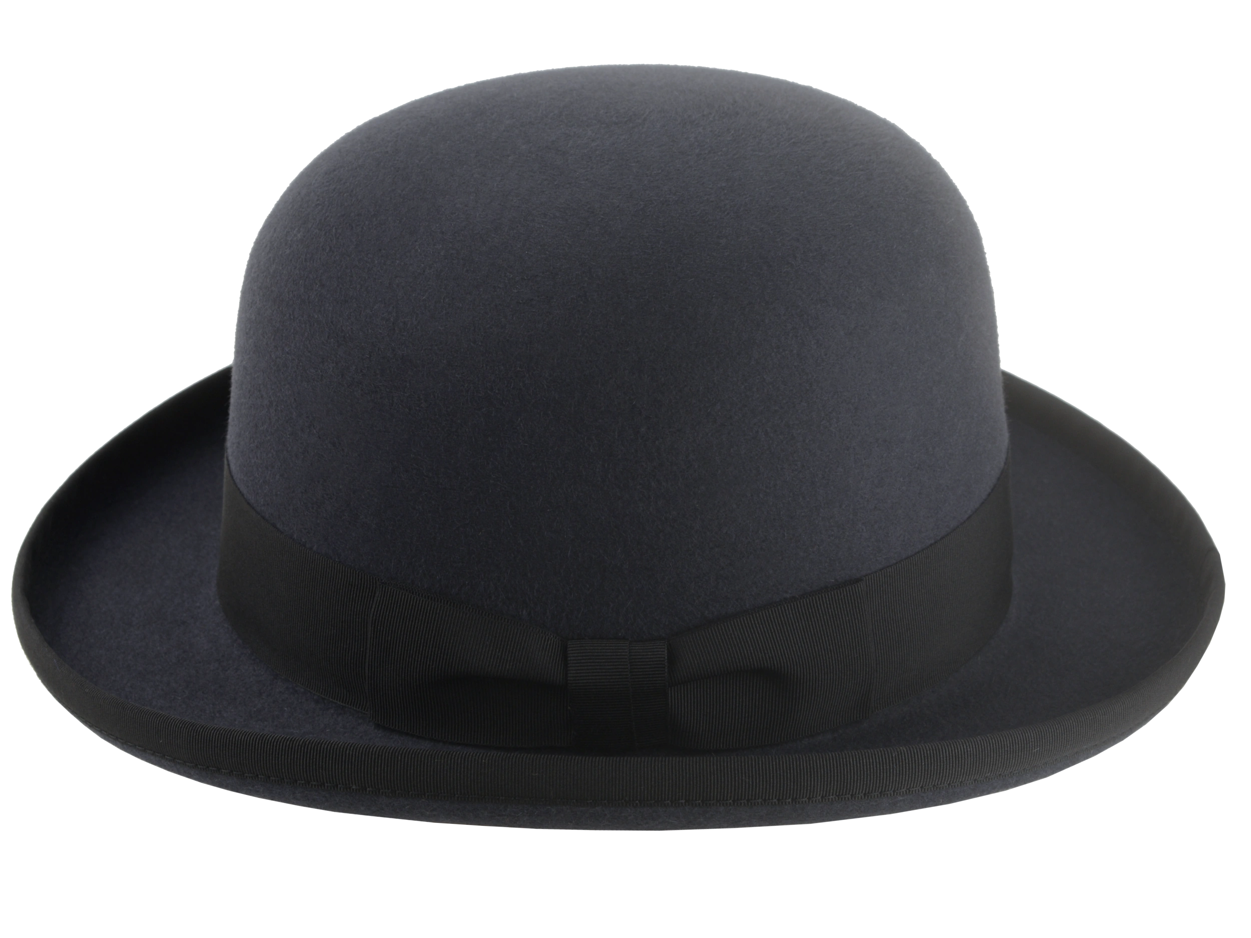 Side profile of the Jubilee bowler hat highlighting the 1 1/2" grosgrain ribbon hatband and the neatly rolled brim.