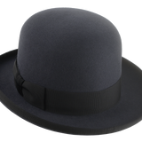"Rear view of the Jubilee bowler hat, exhibiting the elegant curve of the ribbon-bound rolled brim.