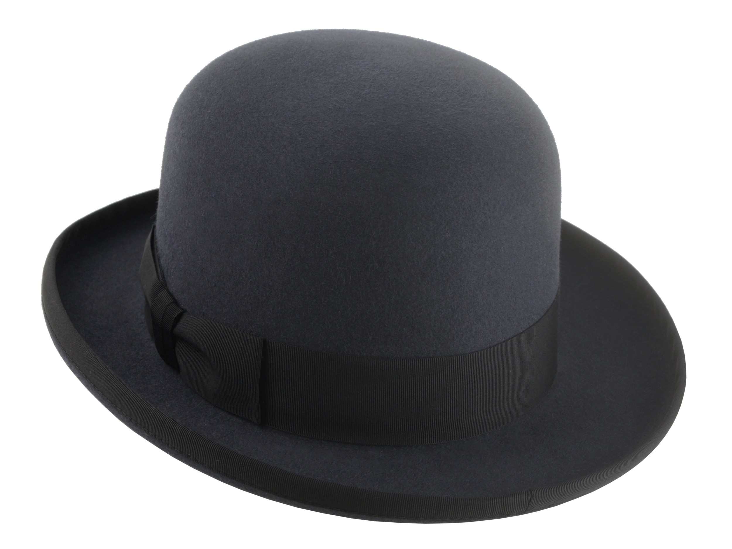 "Rear view of the Jubilee bowler hat, exhibiting the elegant curve of the ribbon-bound rolled brim.