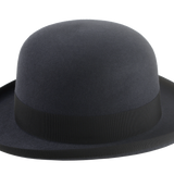 Close-up view of the Jubilee, a luxury bowler hat showcasing its round crown design and dark slate grey felt.