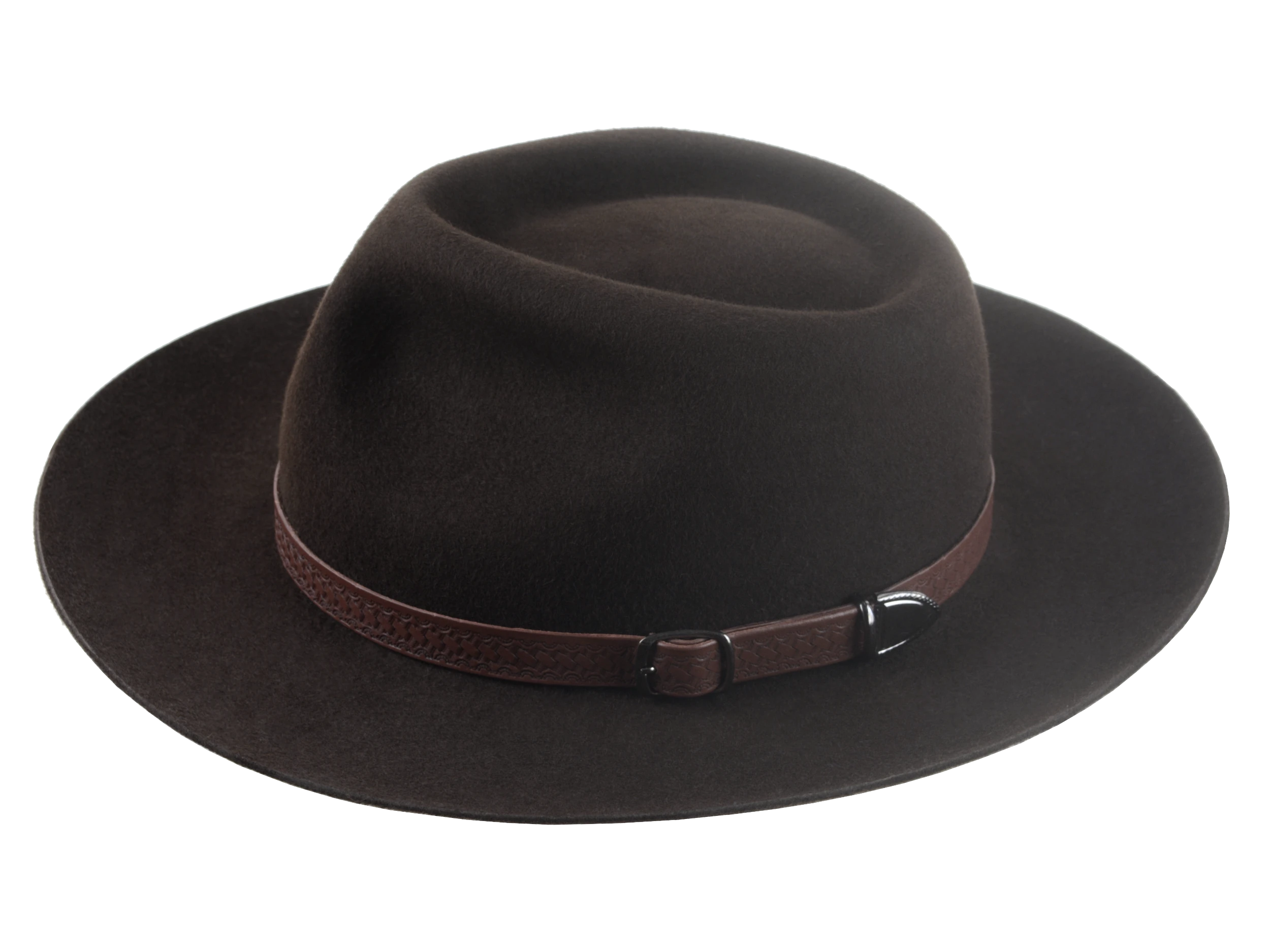 The Magnet: Side view showcasing the leather hat belt and fedora snap brim | Agnoulita Hats