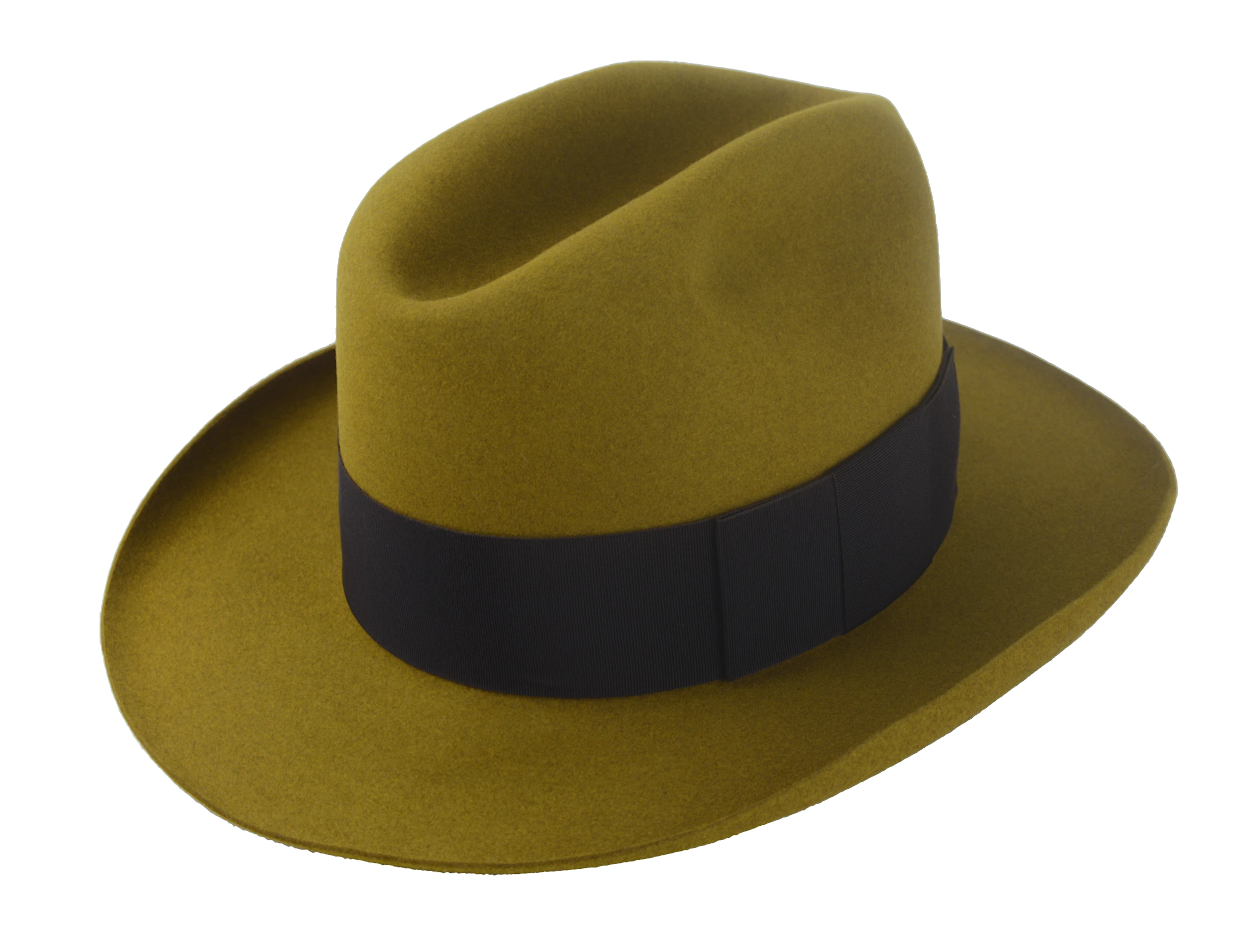 The Miller: A mustard-colored beaver fur felt fedora featuring a smooth finish, 5 1/4" cattleman crown, and black grosgrain ribbon hatband | Agnoulita Hats