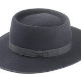 Angled view of the Oppenheimer Wide-Brim Porkpie Fedora highlighting the 1" grosgrain ribbon hatband in ash color | Agnoulita Hats