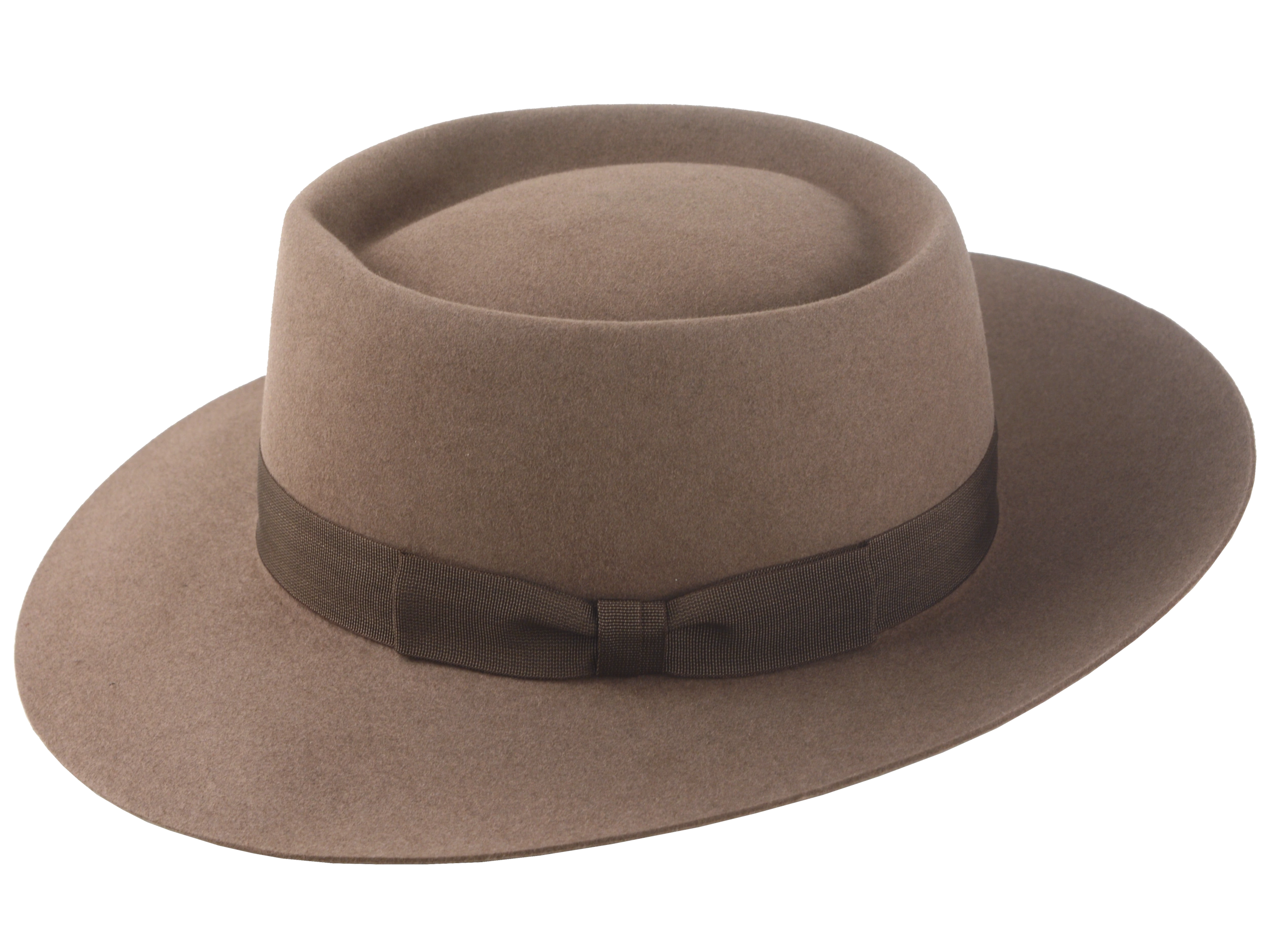 Artisanal wide-brim porkpie hat, named Oppenheimer, in premium beaver felt showcasing the raw edge brim and adorned with a vintage quality ribbon in pecan color against the coffee-hued backdrop of the hat body 2