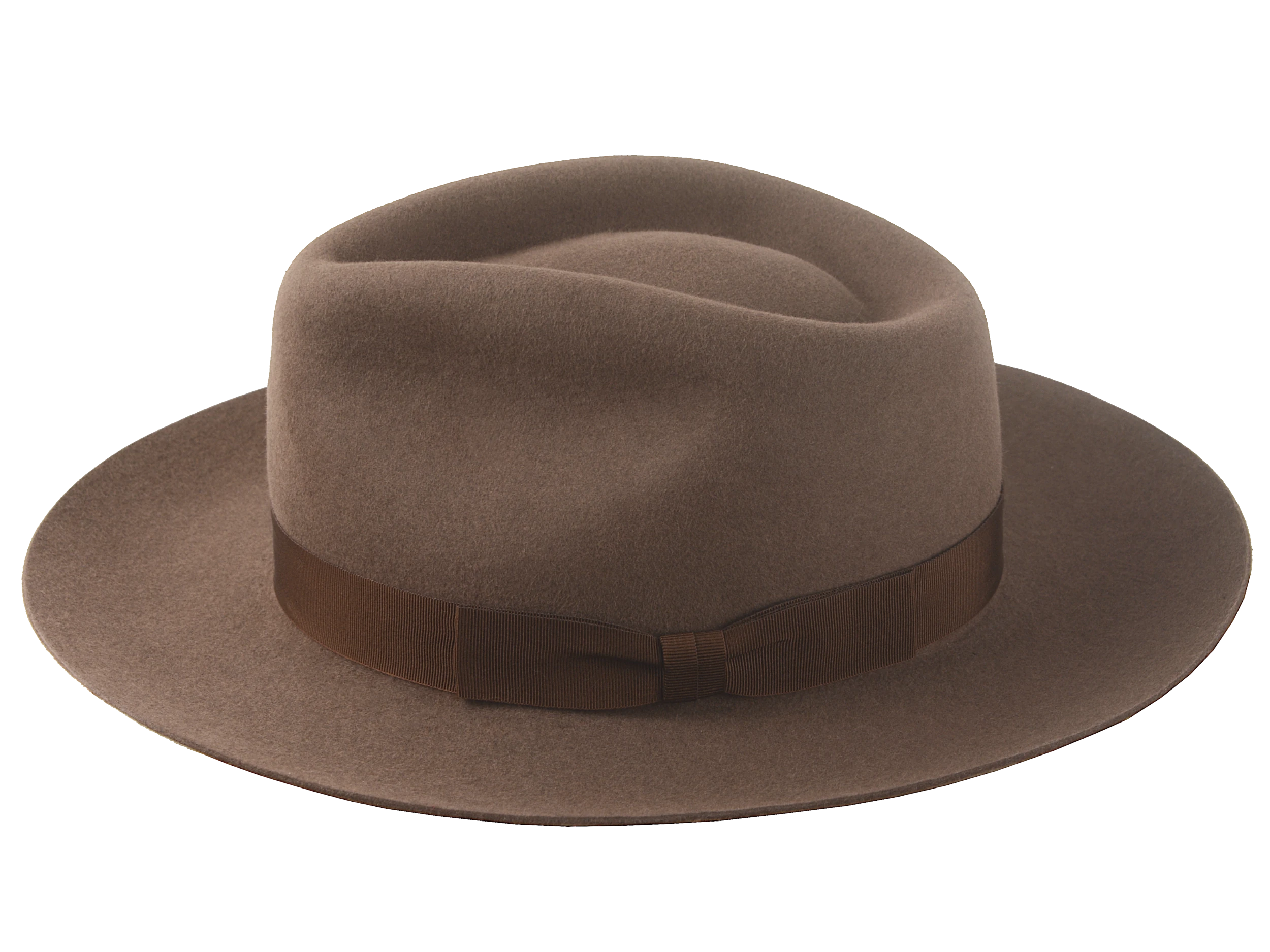 The Pathfinder: Side angle showcasing the syrup hatband on taupe felt | Agnoulita Hats