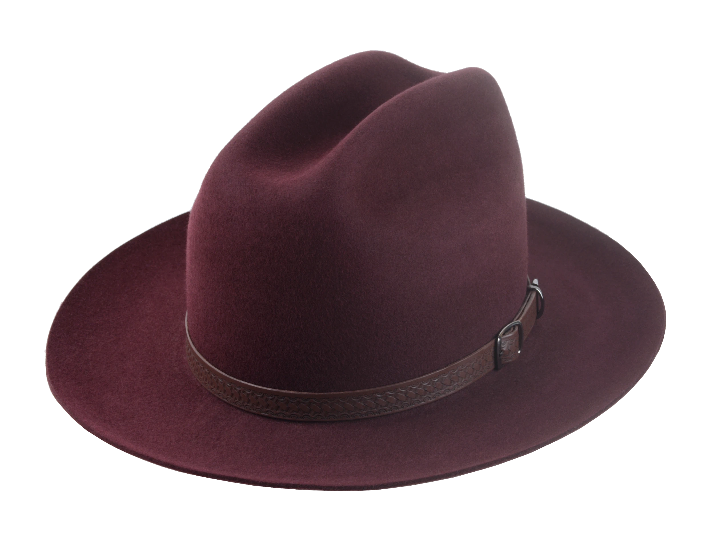 The Patriot: angled view showcasing the smooth burgundy felt and leather hatband | Agnoulita Hats