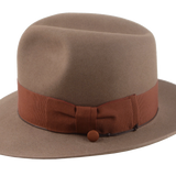 Detail shot of the Pharaoh explorer fedora's 2-inch grosgrain ribbon hatband in a rust color