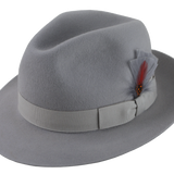 Isolated image of the Phoenix Fedora Hat, accentuating the center-dent crown design and light grey grosgrain ribbon band.
