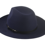 The Rebel - Rabbit Fur Felt Wide Brim Fedora For Men or Women with Engraved Black Leather Hat Belt in Navy Blue Color | Agnoulita Quality Custom Hats 3