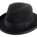 Black Homburg Hat known as Summit with a center-dent crown design on a white background