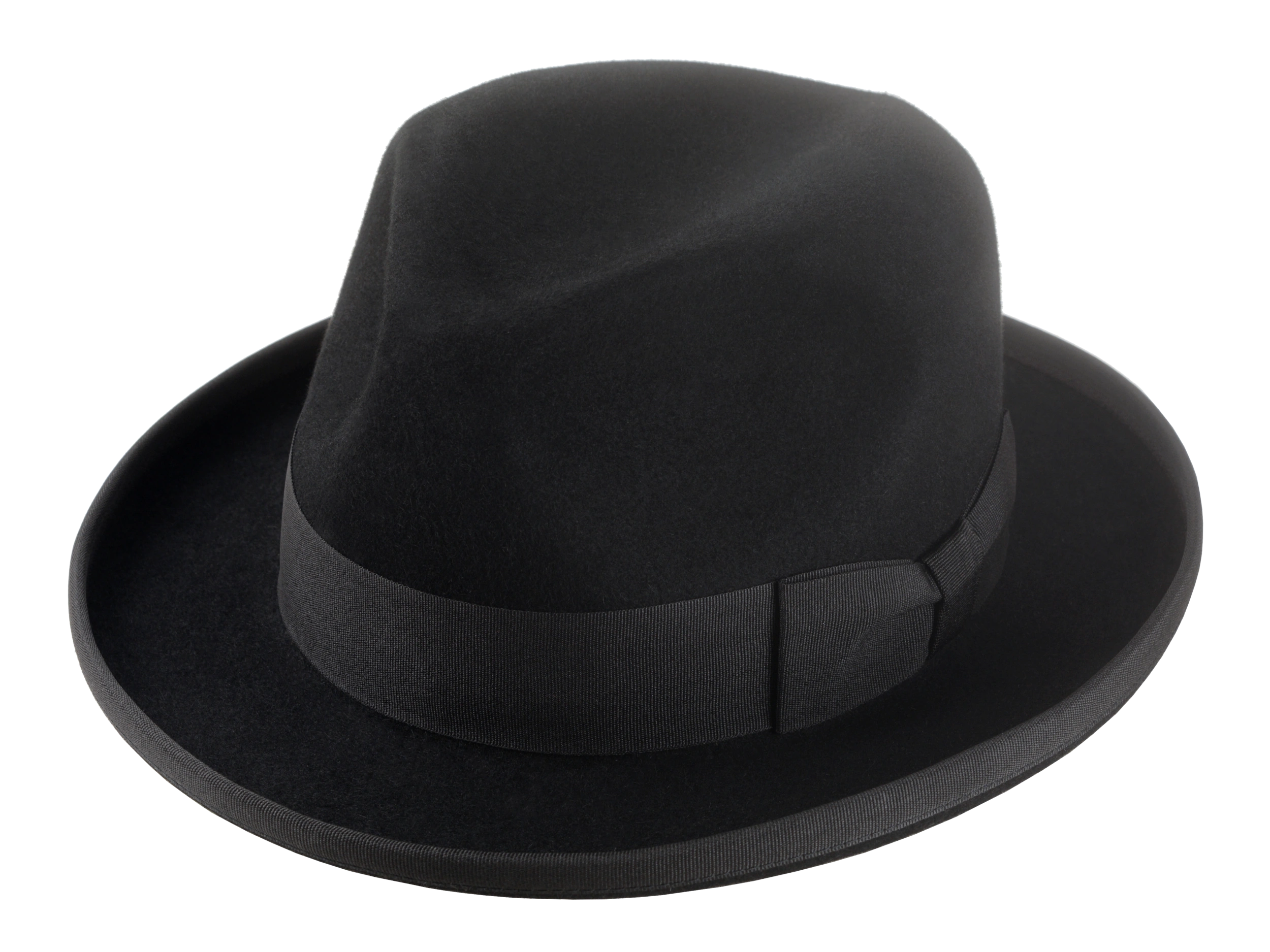 Black Homburg Hat known as Summit with a center-dent crown design on a white background