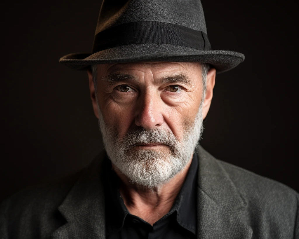 An aged man with a chiseled face, reflecting wisdom and grace, wears a charcoal gray soft felt Fedora with a teardrop shape and a brim width of around 2.5 inches, naturally curled upwards at the sides.