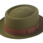 The Topnote: Porkpie hat in rich olive green with distinct telescope crown | Agnoulita Hats