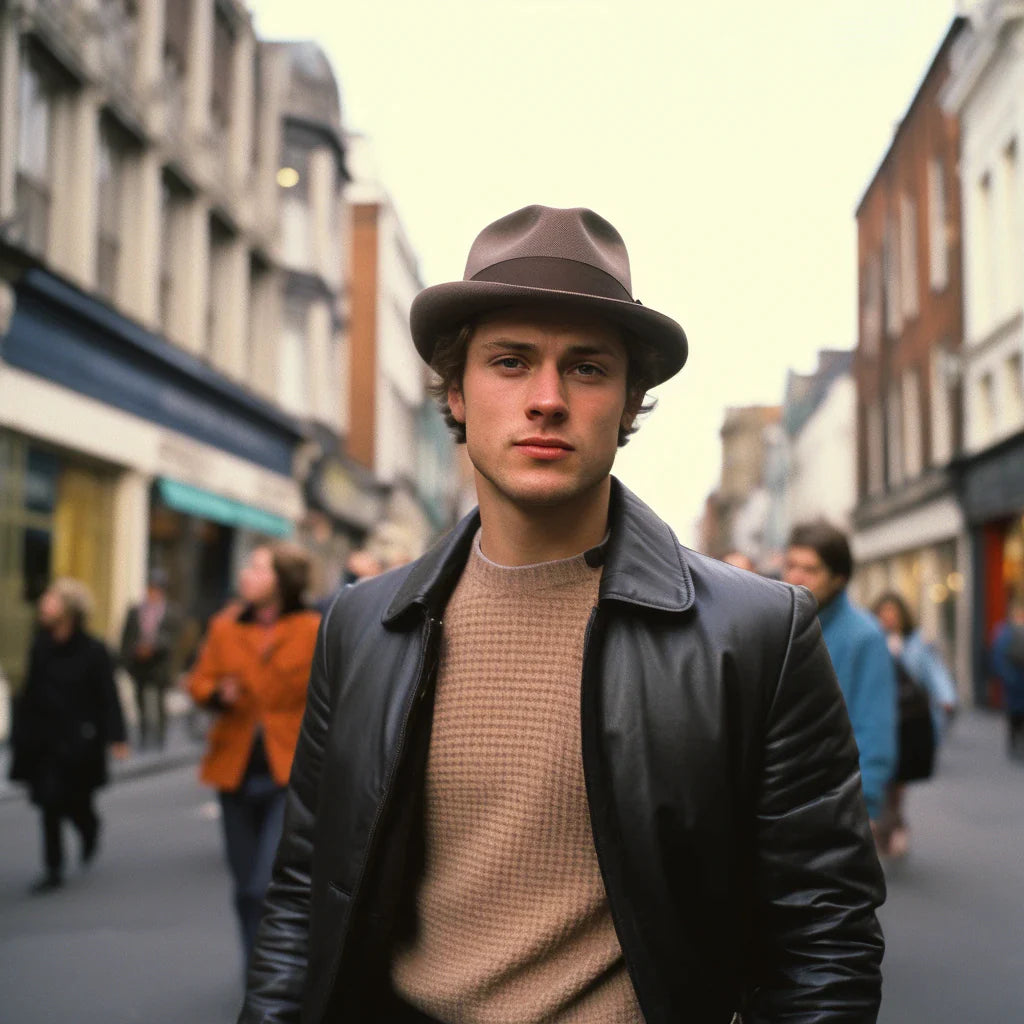 A young man donning an Agnoulita hat paired with a leather jacket stands confidently amidst a bustling city street, showcasing a blend of classic and contemporary fashion