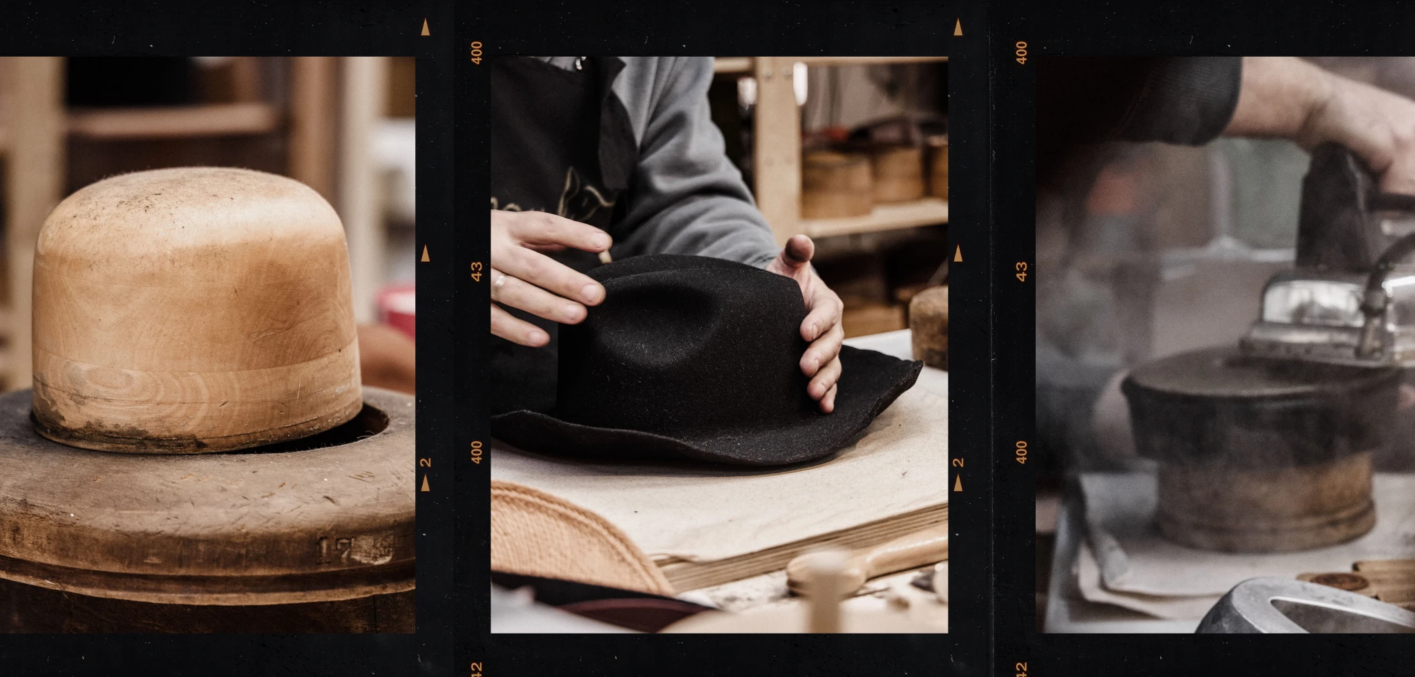 Collage of three images showing a wooden hat block, a person crafting a black fur felt hat, and a steam iron.