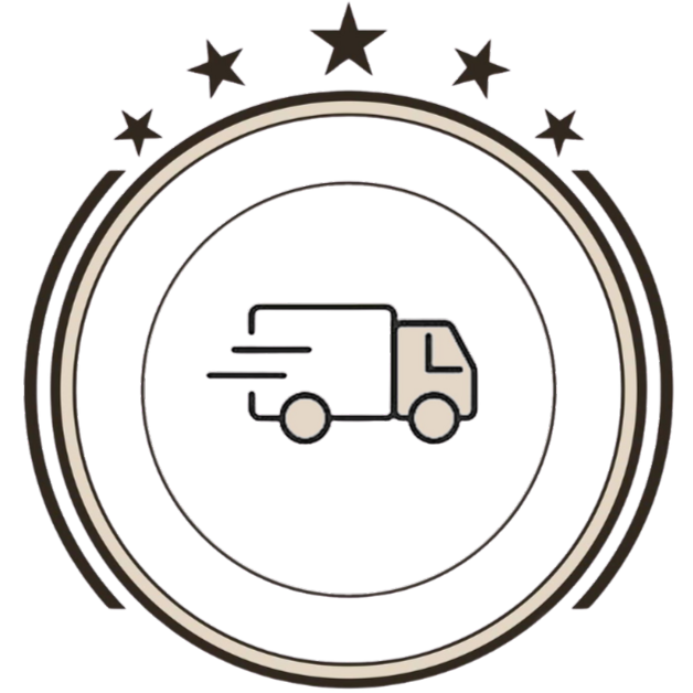 Icon of a delivery truck within a circular design with stars on a white background