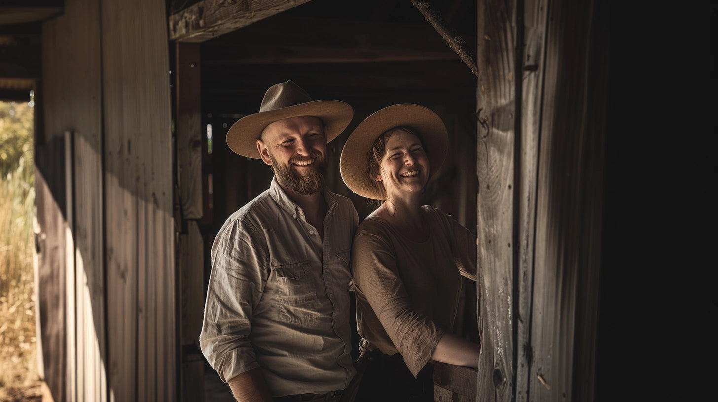 A happy couple in wide-brimmed hats sharing a laugh while leaning on the wooden frame of a rustic barn, with soft light casting a warm glow.