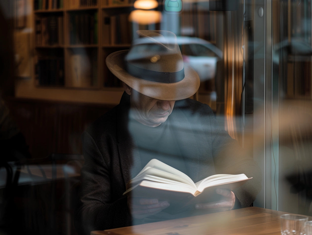 Man engrossed in reading a book, wearing a tan fedora, viewed through a reflective coffee shop window