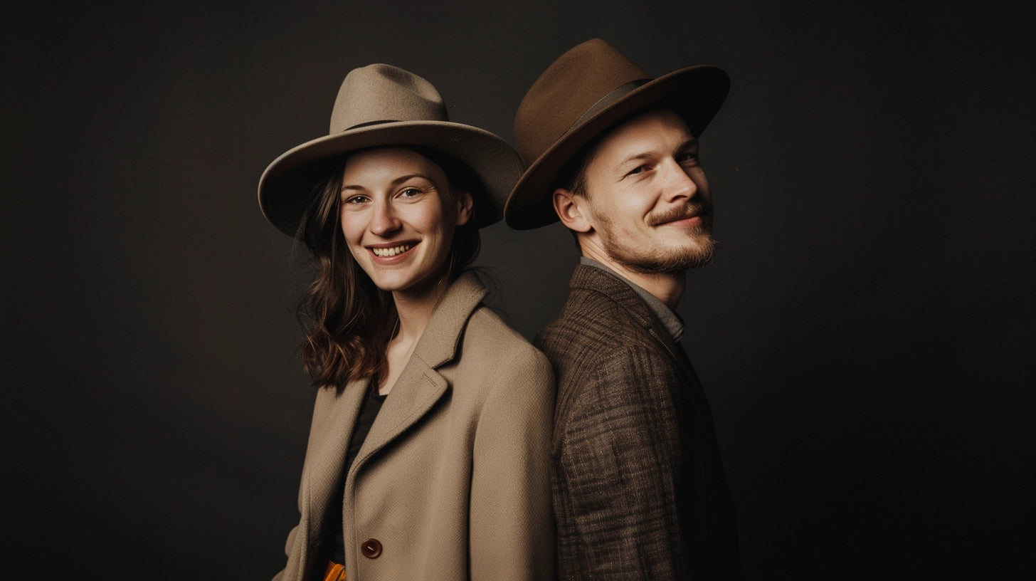  smiling young couple in stylish felt Agnoulita fedora hats and classic coats against a dark background, exuding a vintage charm