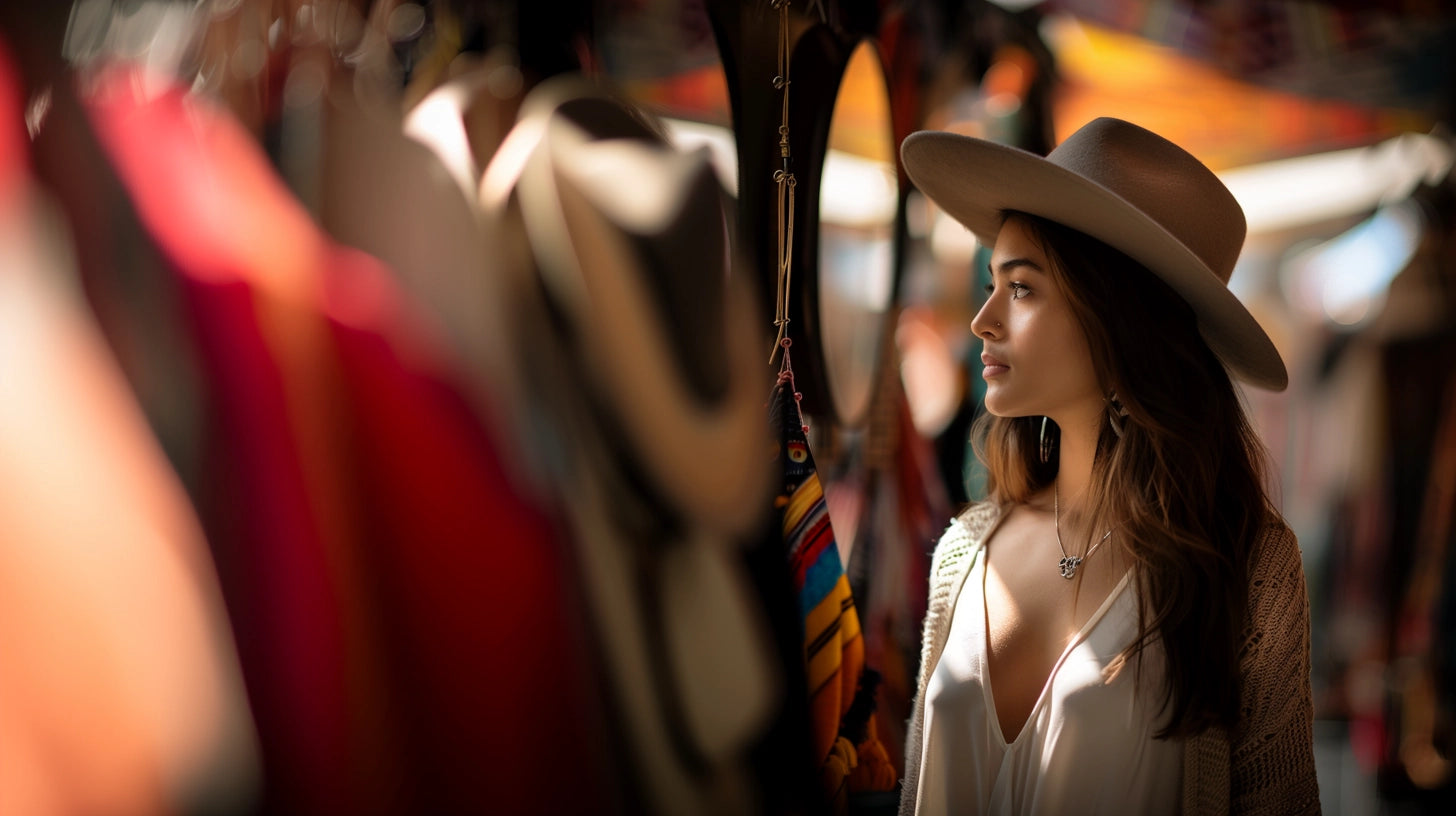 A stylish woman in a beige hat browsing through colorful garments in a vibrant market setting, with a thoughtful expression.