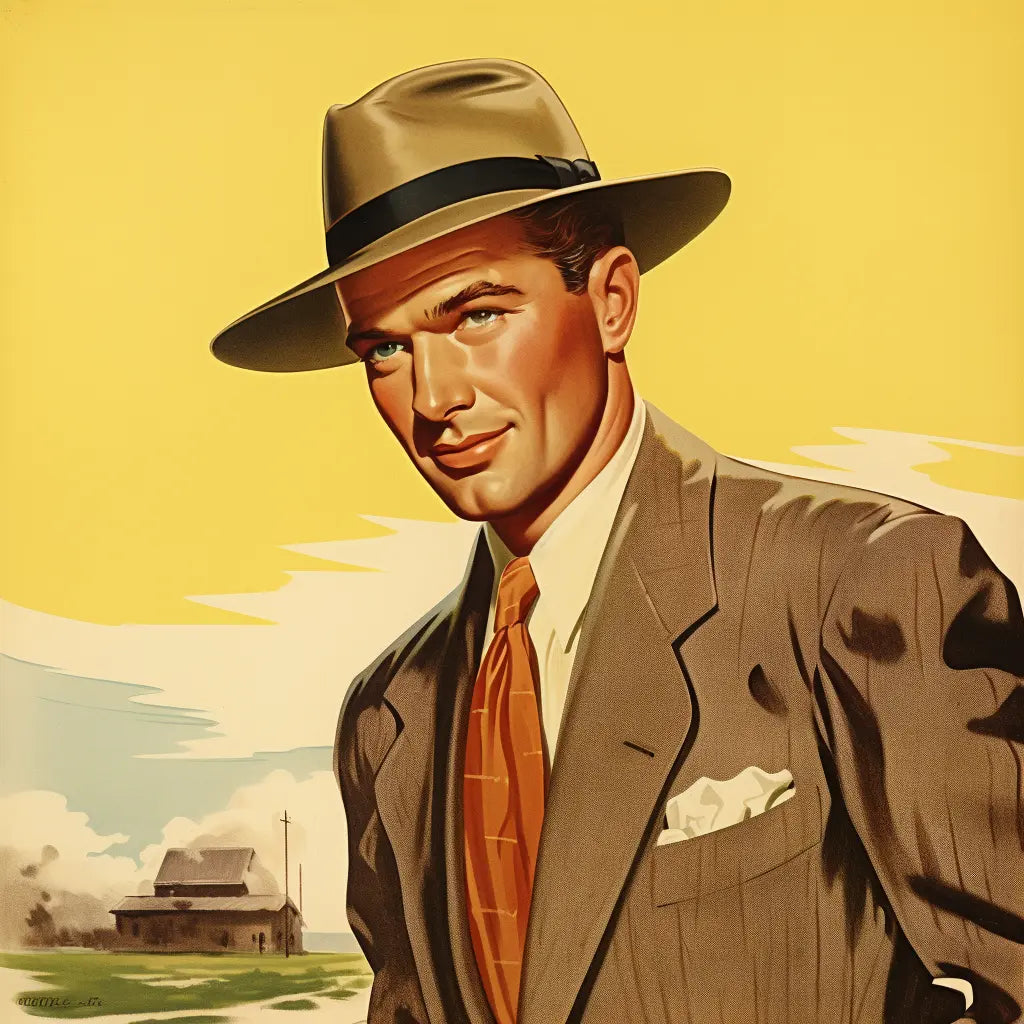 intage 1930s advertisement style illustration of a well-dressed man with a fedora and striped tie.
